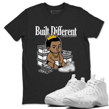 Built Different Since Birth sneaker match t-shirt styled to complete your fit with the Air Foamposite One Triple White sneakers, shown in Black 1.