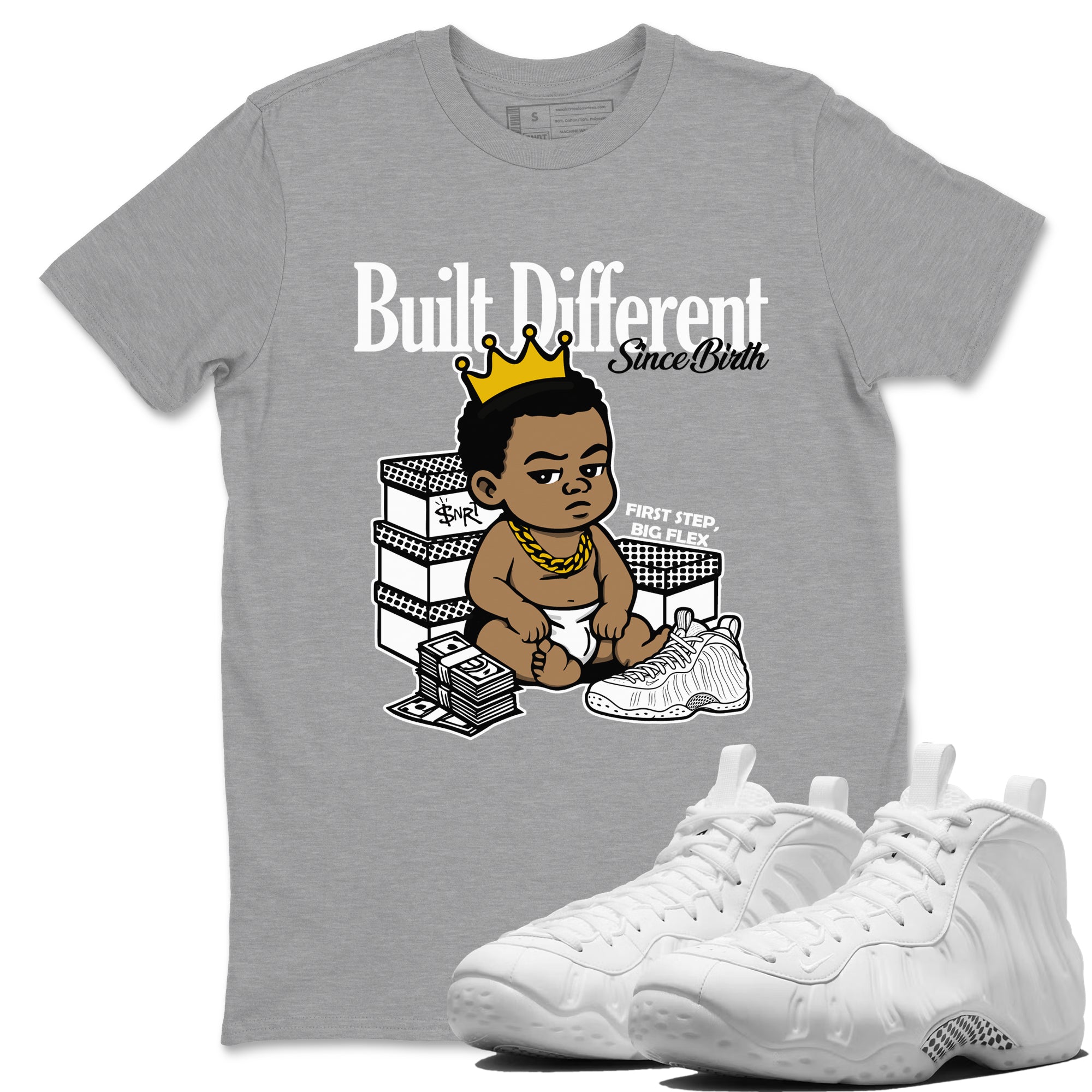Built Different Since Birth sneaker match t-shirt styled to complete your fit with the Air Foamposite One Triple White sneakers, shown in Heather Grey 1.