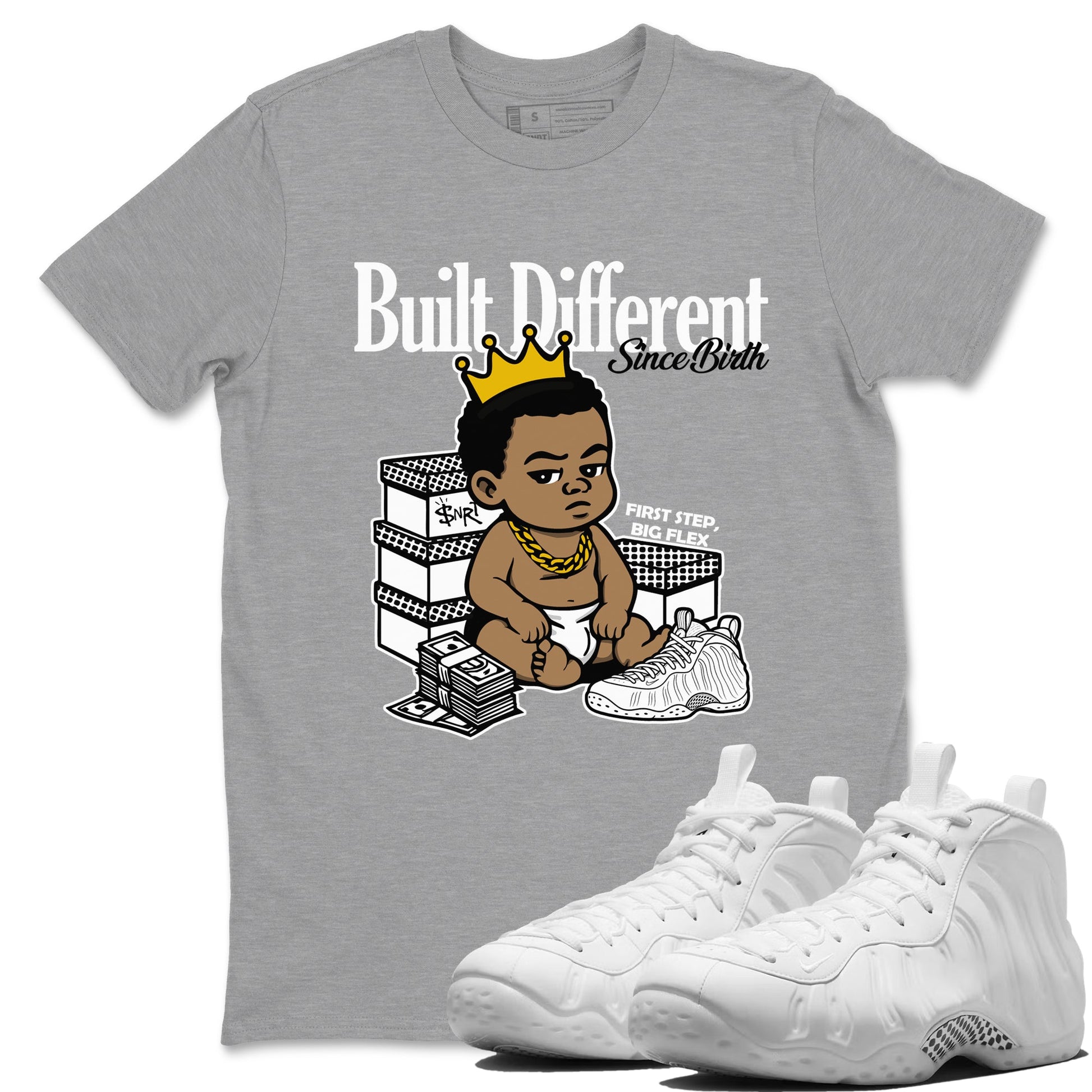 Built Different Since Birth sneaker match t-shirt styled to complete your fit with the Air Foamposite One Triple White sneakers, shown in Heather Grey 1.