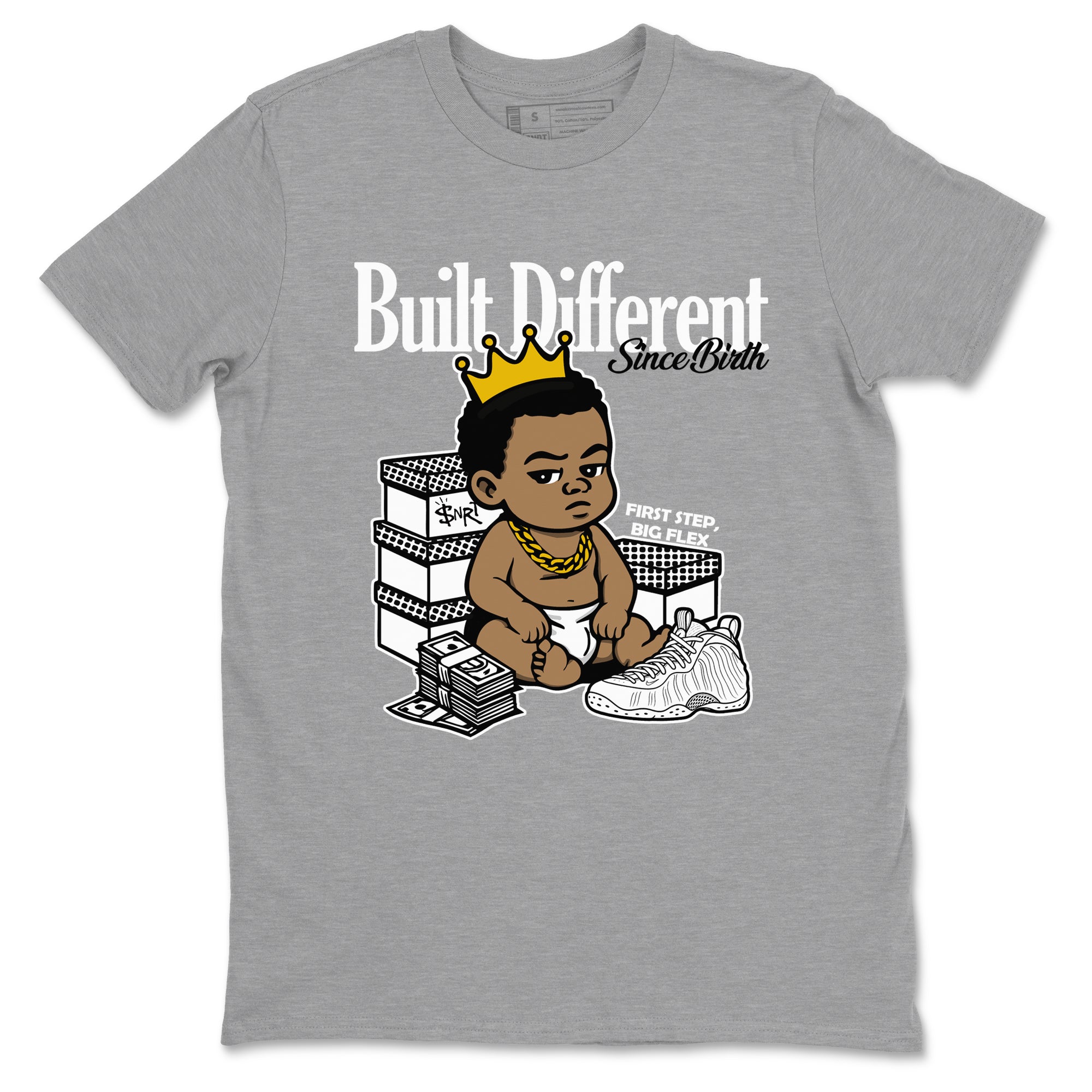 Built Different Since Birth sneaker match t-shirt styled to complete your fit with the Air Foamposite One Triple White sneakers, shown in Heather Grey 2.