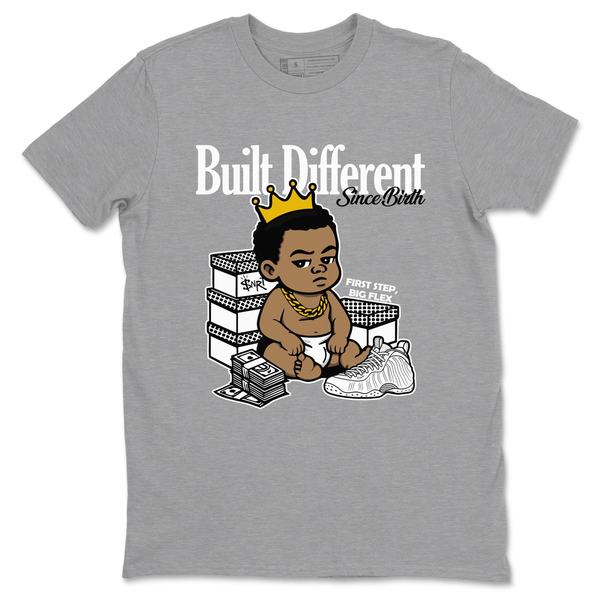 Built Different Since Birth sneaker match t-shirt styled to complete your fit with the Air Foamposite One Triple White sneakers, shown in Heather Grey 2.