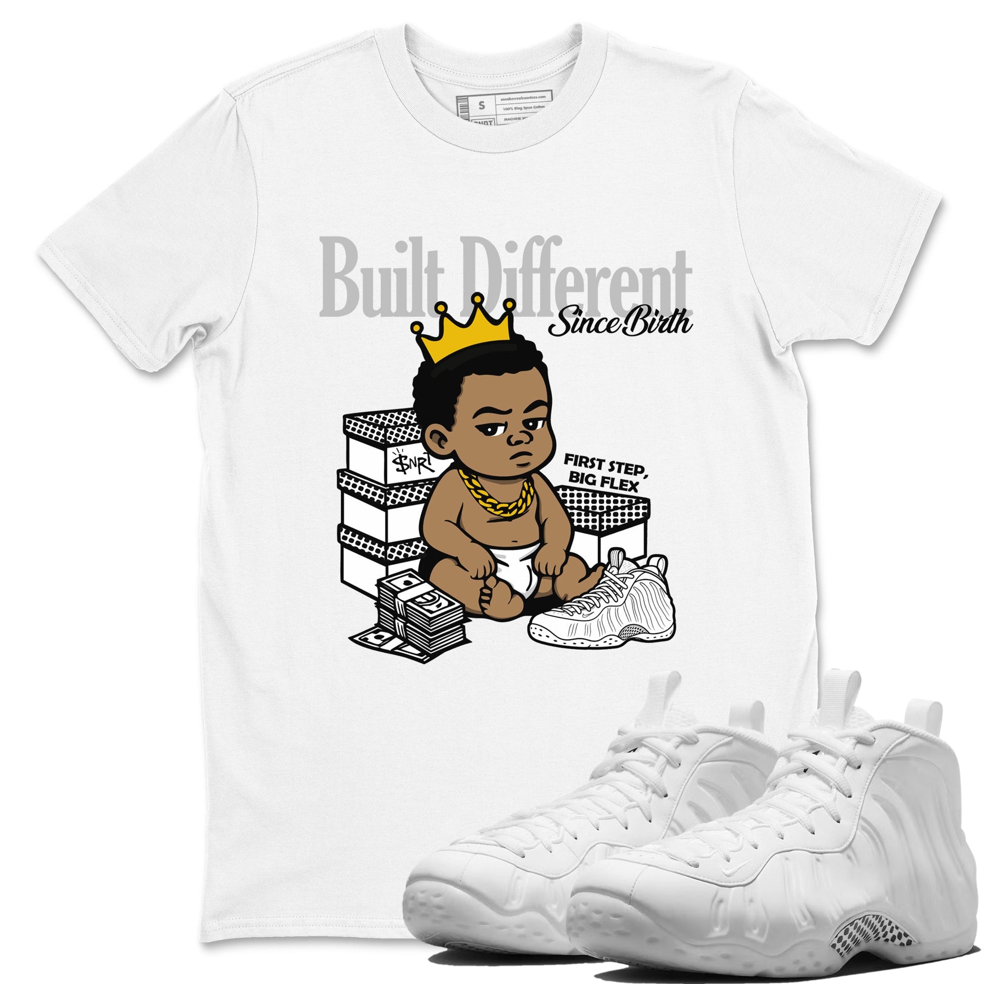 Built Different Since Birth sneaker match t-shirt styled to complete your fit with the Air Foamposite One Triple White sneakers, shown in White 1.