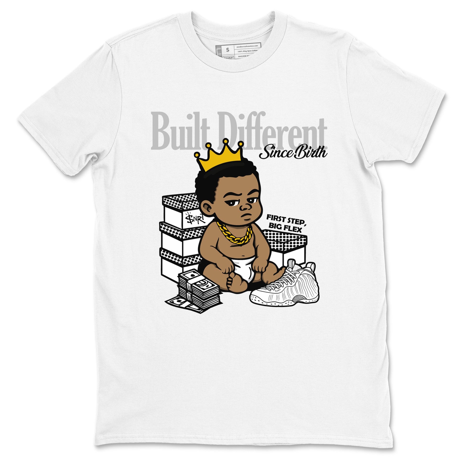Built Different Since Birth sneaker match t-shirt styled to complete your fit with the Air Foamposite One Triple White sneakers, shown in White 2.