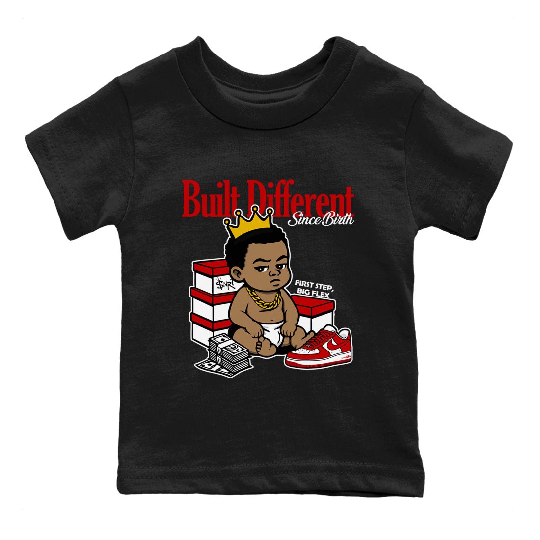 Built Different Since Birth baby and kids t-shirt crafted for little sneakerheads to shine with the Air Force 1 University Red sneakers, displayed in Black 2.