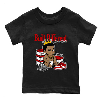 Built Different Since Birth baby and kids t-shirt crafted for little sneakerheads to shine with the Air Force 1 University Red sneakers, displayed in Black 2.