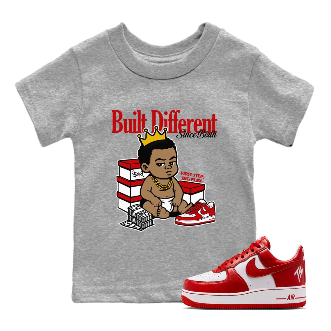 Built Different Since Birth baby and kids t-shirt crafted for little sneakerheads to shine with the Air Force 1 University Red sneakers, displayed in Heather Grey 1.