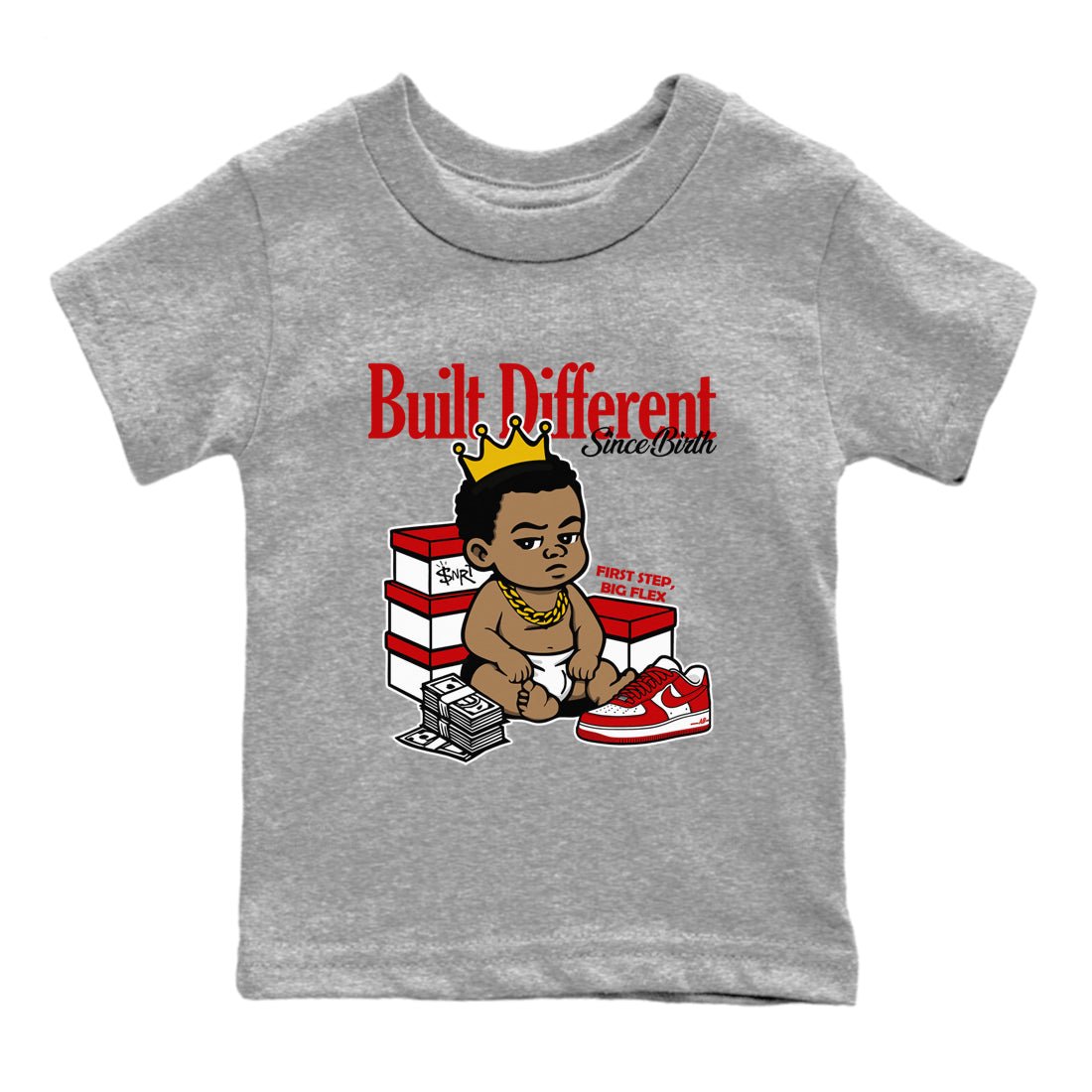 Built Different Since Birth baby and kids t-shirt crafted for little sneakerheads to shine with the Air Force 1 University Red sneakers, displayed in Heather Grey 2.