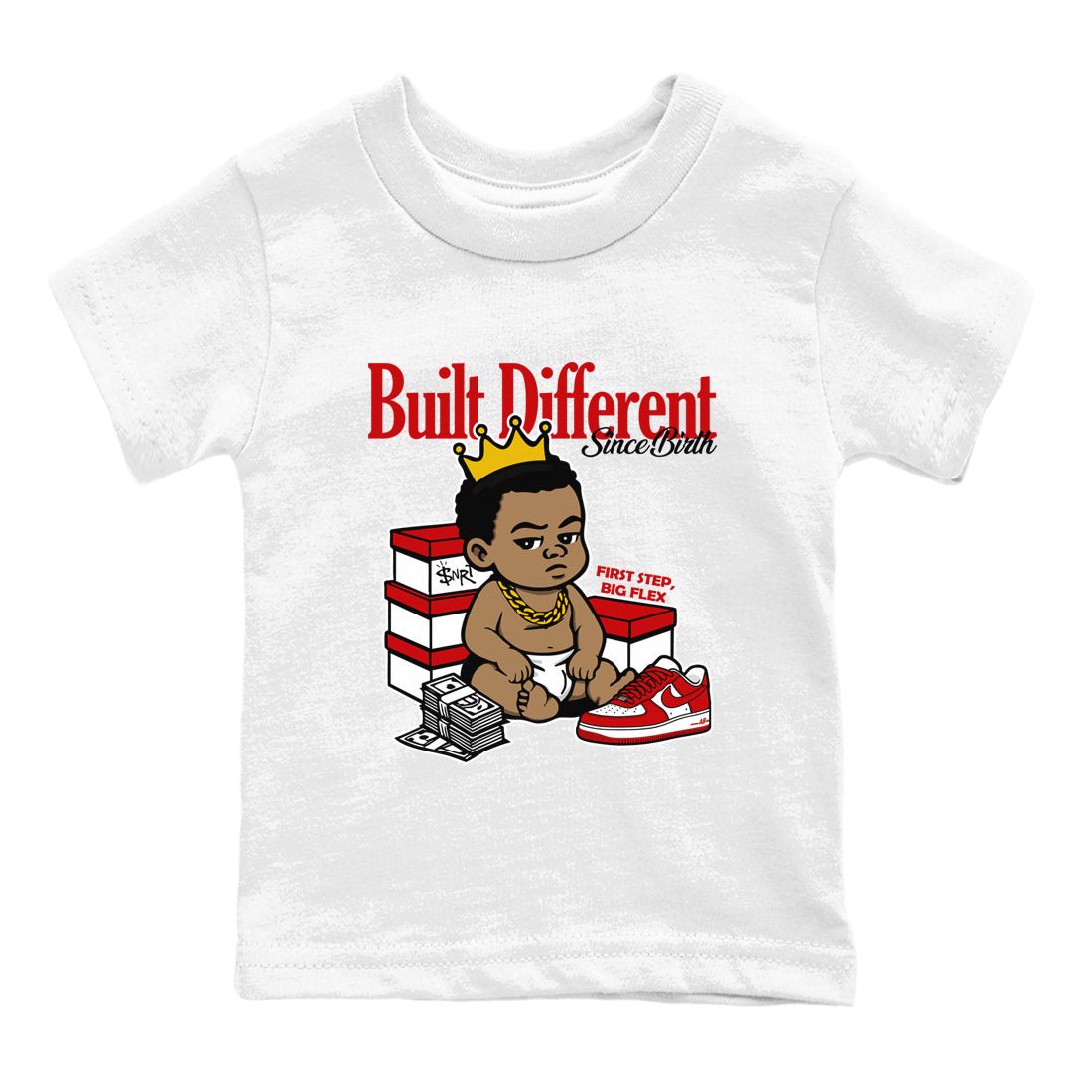 Built Different Since Birth baby and kids t-shirt crafted for little sneakerheads to shine with the Air Force 1 University Red sneakers, displayed in White 2.