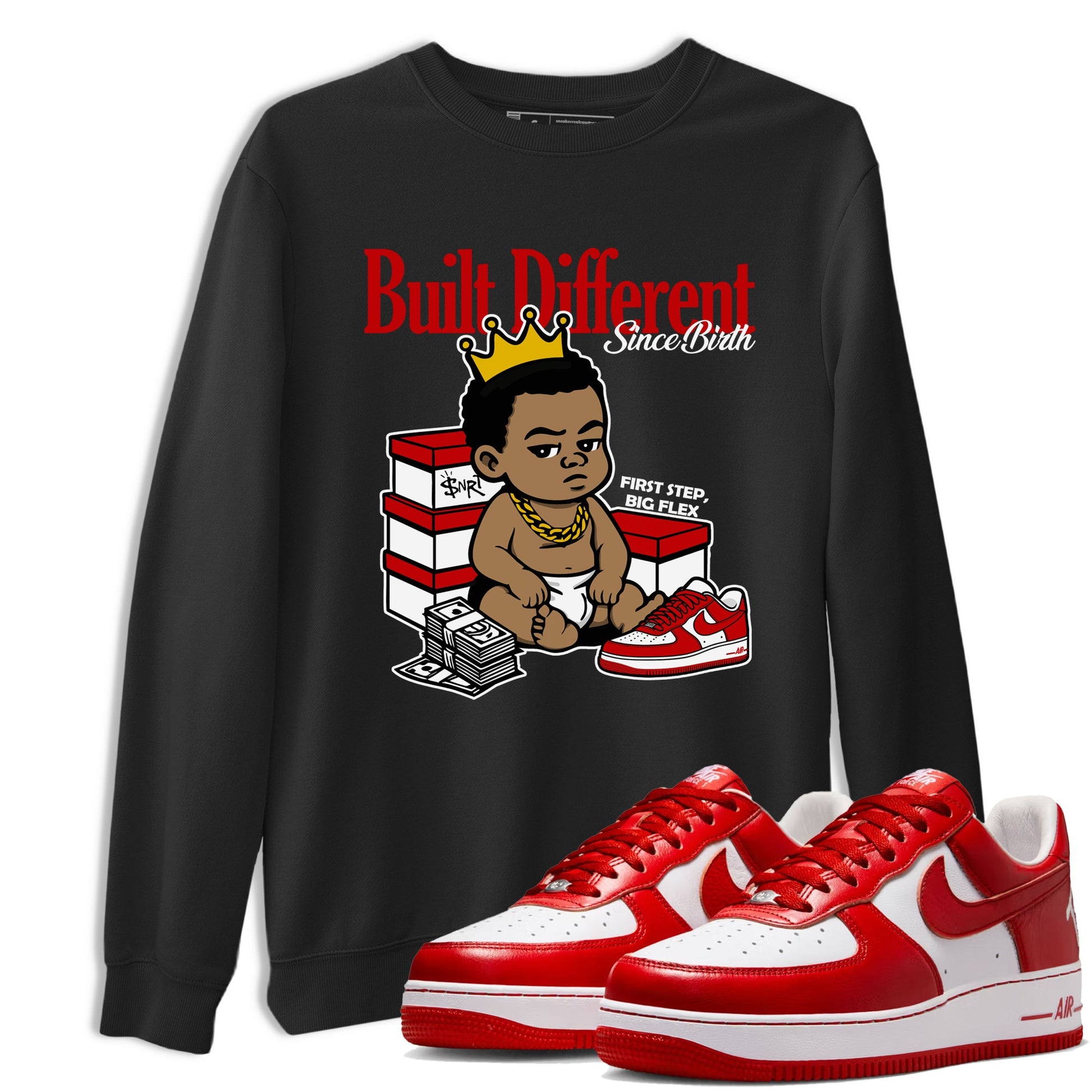 Built Different Since Birth sneaker match t-shirt styled to complete your fit with the Air Force 1 University Red sneakers, shown in Black 1.