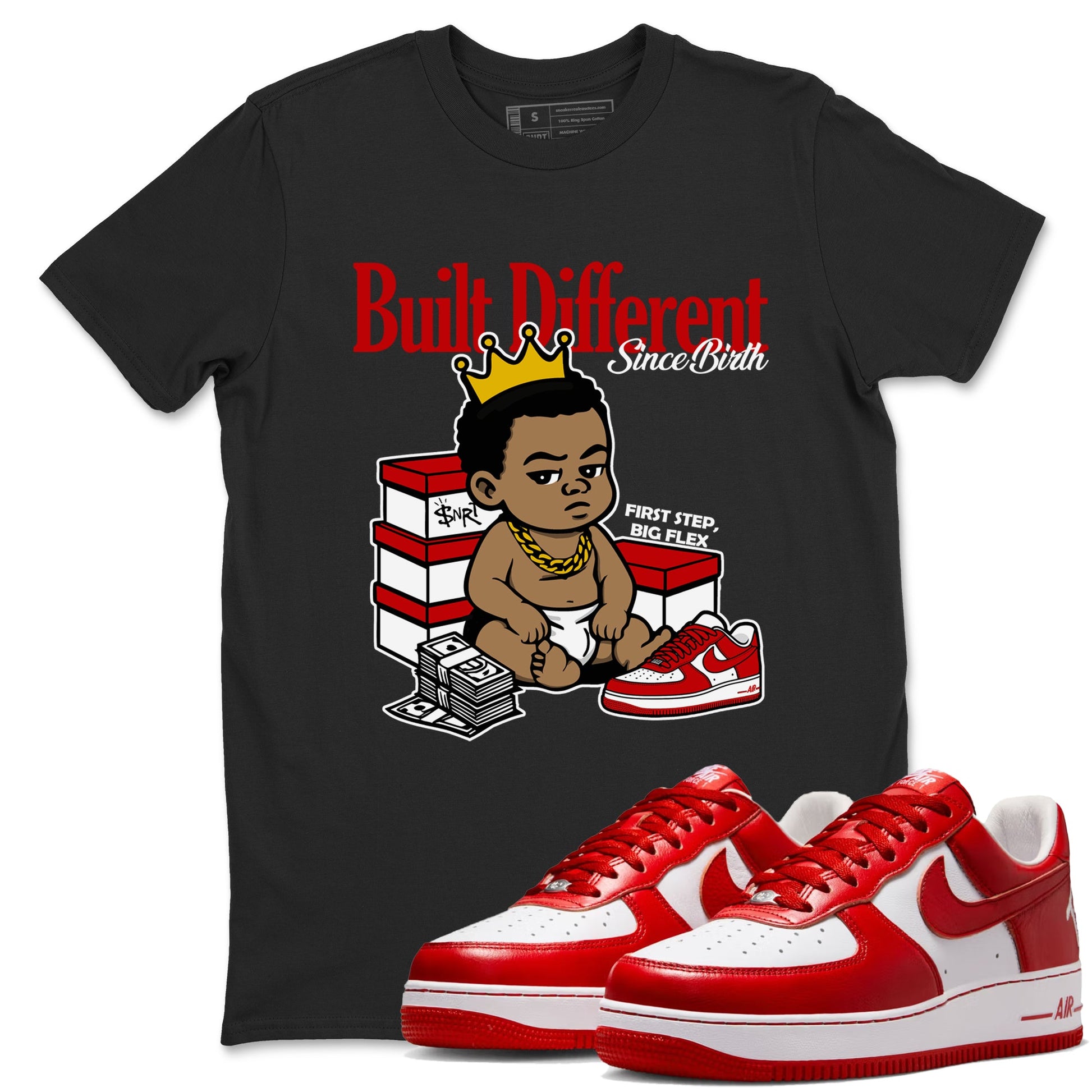 Built Different Since Birth sneaker match t-shirt styled to complete your fit with the Air Force 1 University Red sneakers, shown in Black 1.