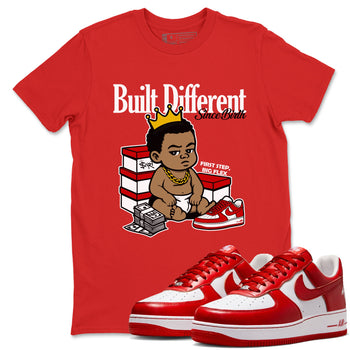 Built Different Since Birth sneaker match t-shirt styled to complete your fit with the Air Force 1 University Red sneakers, shown in Red 1.