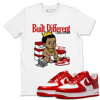 Built Different Since Birth sneaker match t-shirt styled to complete your fit with the Air Force 1 University Red sneakers, shown in White 1.