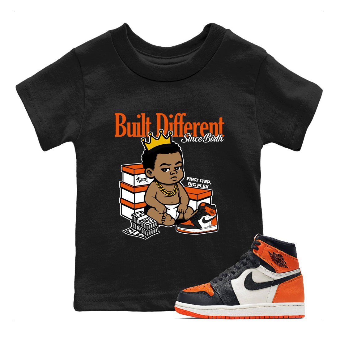 Sneaker match tees – Sneaker Tees To Match Air Jordan 1 Shattered Backboard Shoes – Built Different Since Birth Kids T-Shirt Black 1