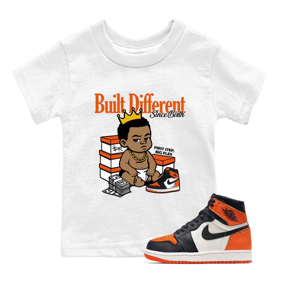 Sneaker match tees – Sneaker Tees To Match Air Jordan 1 Shattered Backboard Shoes – Built Different Since Birth Kids T-Shirt White 1