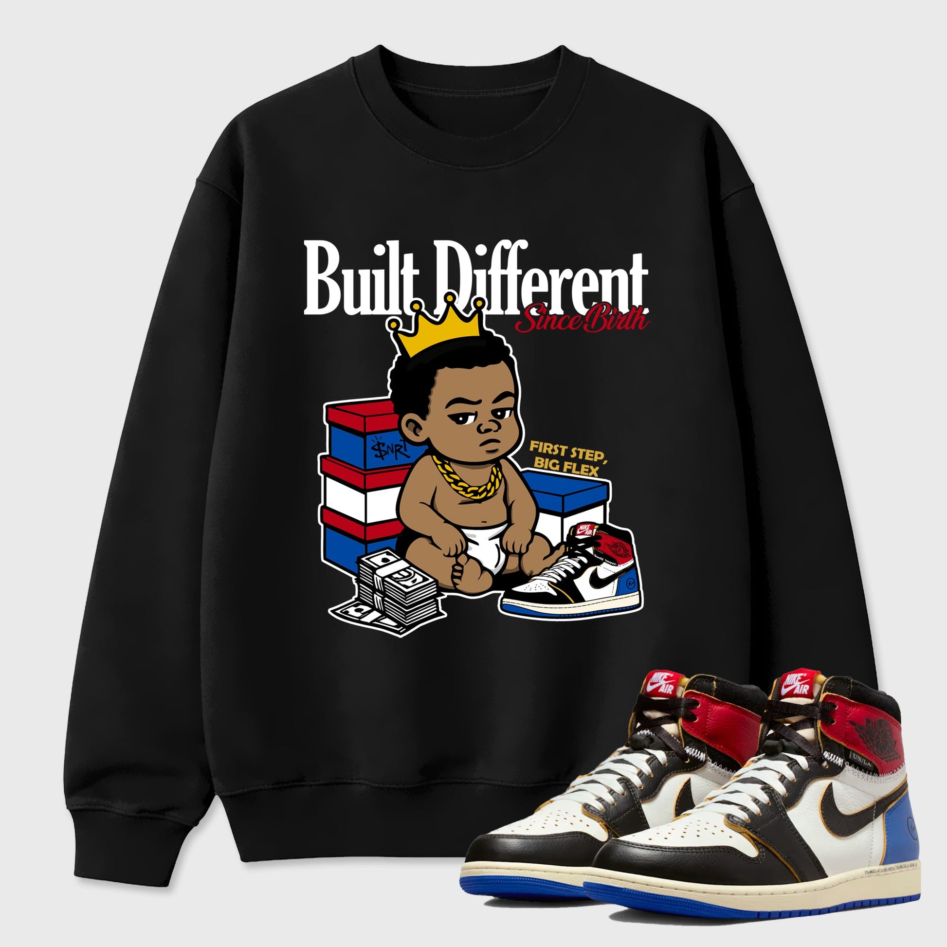 Sneaker match tees – Sneaker Tees To Match Air Jordan 1 Union x Fragment Shoes – Built Different Since Birth Tee Black 1