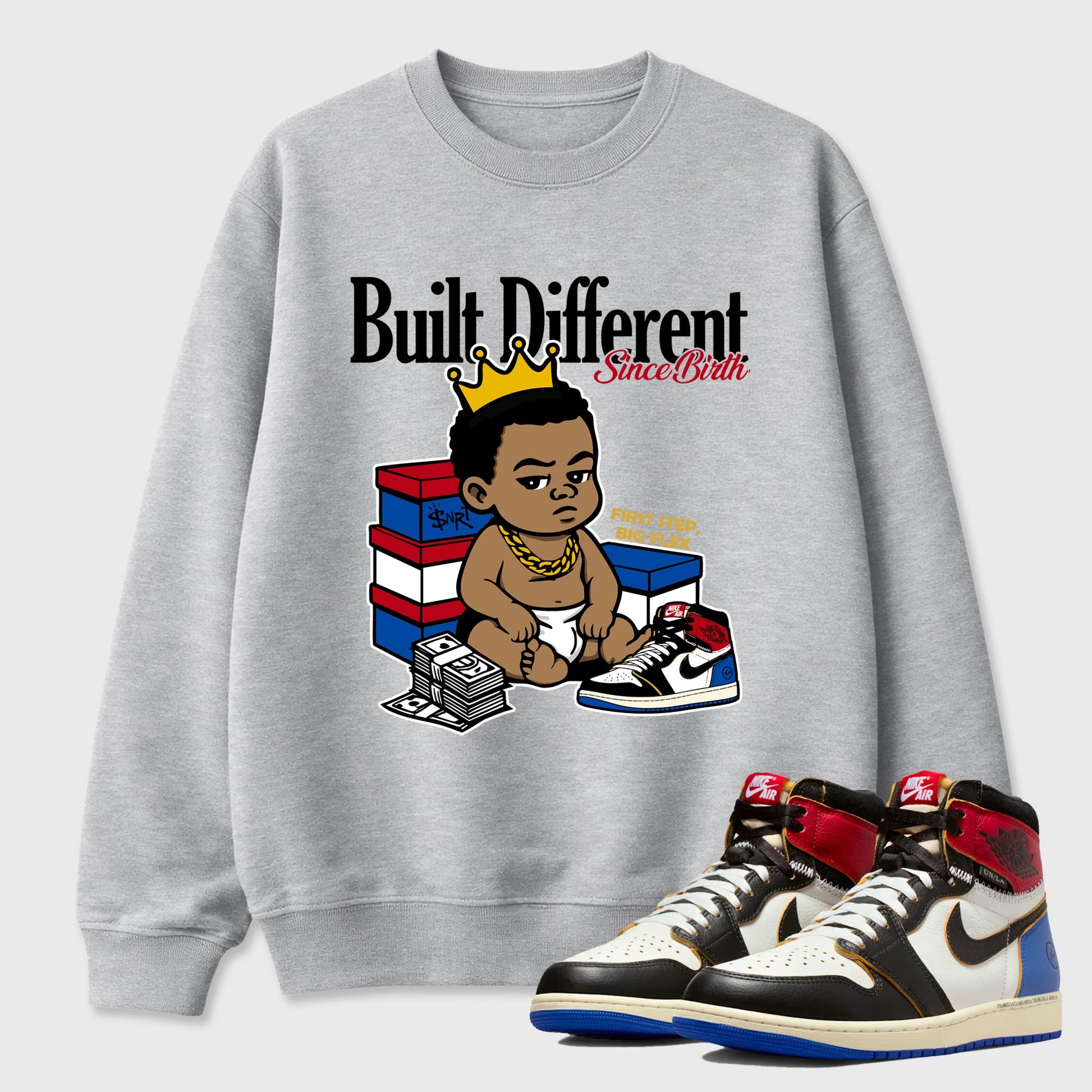 Sneaker match tees – Sneaker Tees To Match Air Jordan 1 Union x Fragment Shoes – Built Different Since Birth Tee Heather Grey 1
