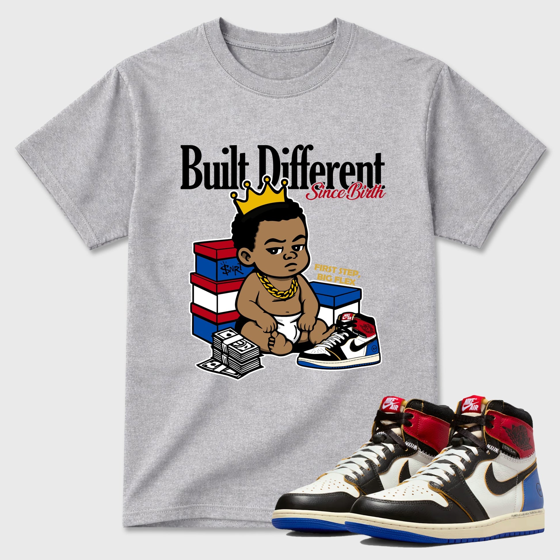 Sneaker match tees – Sneaker Tees To Match Air Jordan 1 Union x Fragment Shoes – Built Different Since Birth Tee Heather Grey 1