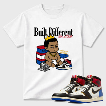 Sneaker match tees – Sneaker Tees To Match Air Jordan 1 Union x Fragment Shoes – Built Different Since Birth Tee White 1