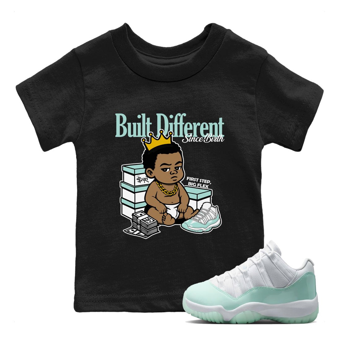 Built Different Since Birth baby and kids t-shirt crafted for little sneakerheads to shine with the Air Jordan 11 Igloo sneakers, displayed in Black 1.