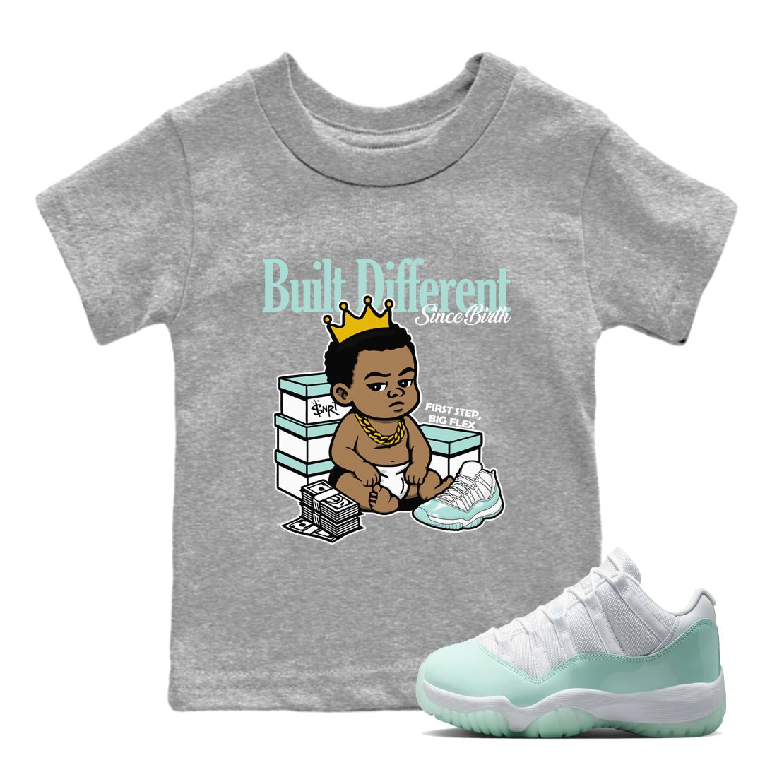 Built Different Since Birth baby and kids t-shirt crafted for little sneakerheads to shine with the Air Jordan 11 Igloo sneakers, displayed in Heather Grey 1.