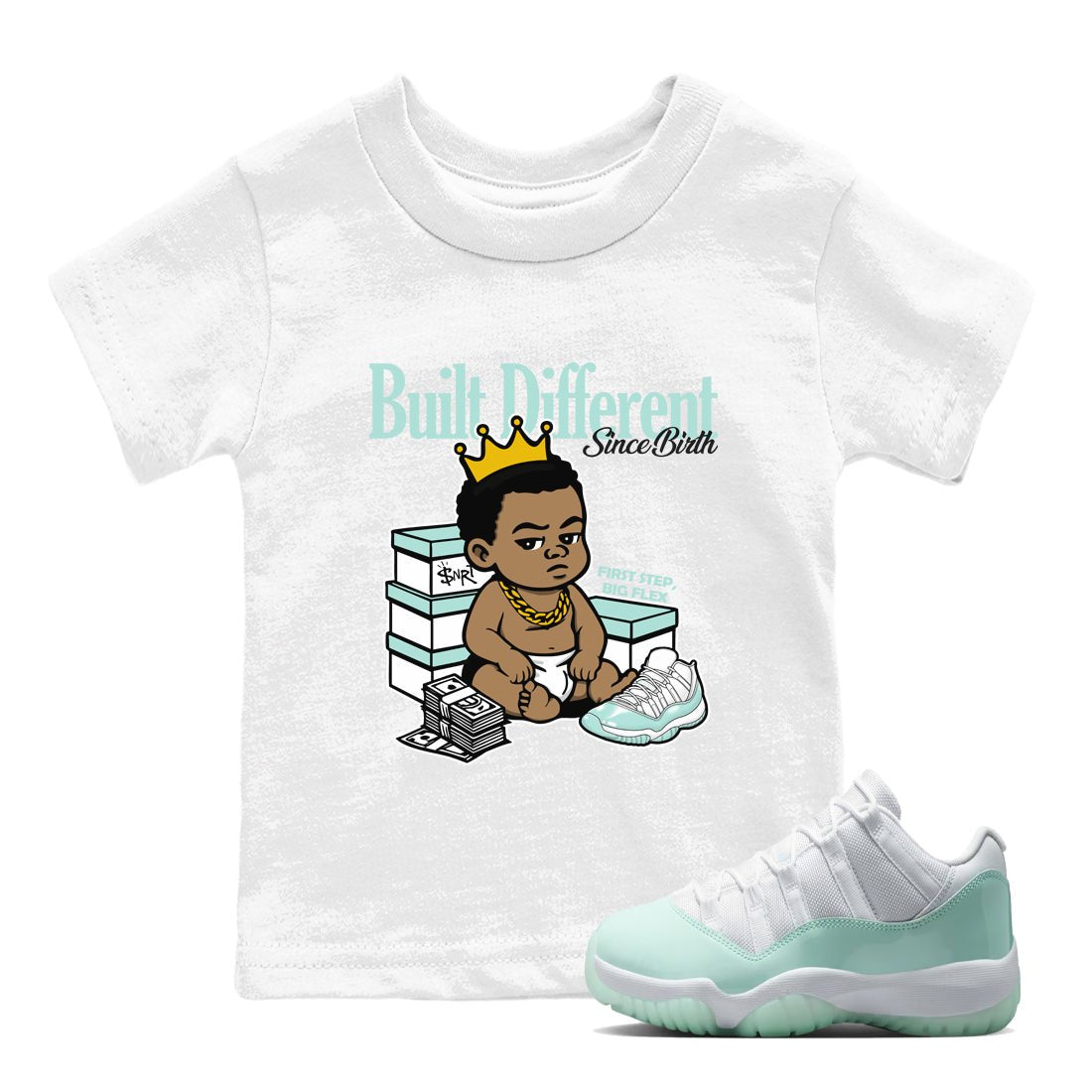 Built Different Since Birth baby and kids t-shirt crafted for little sneakerheads to shine with the Air Jordan 11 Igloo sneakers, displayed in White 1.