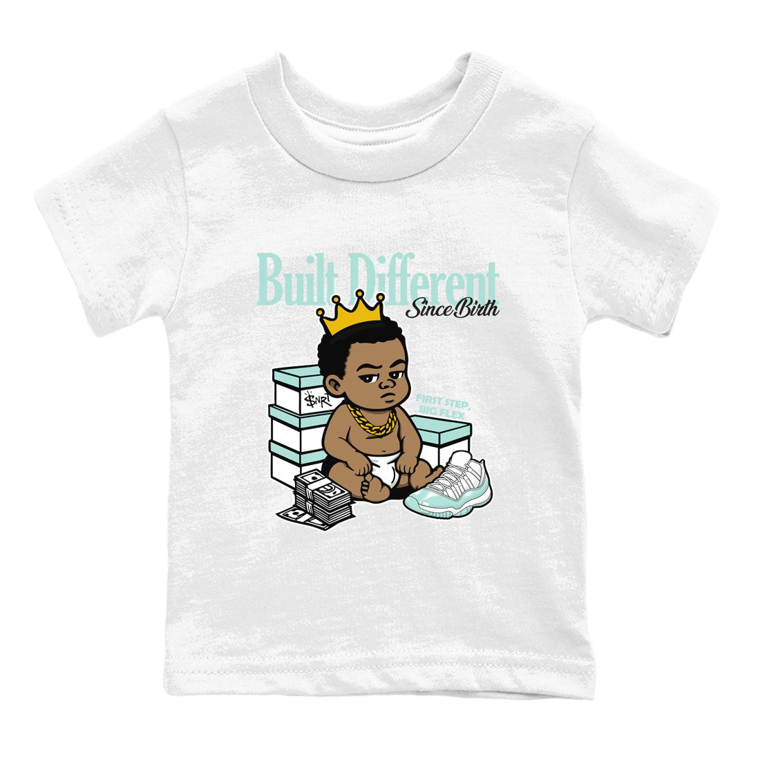 Built Different Since Birth baby and kids t-shirt crafted for little sneakerheads to shine with the Air Jordan 11 Igloo sneakers, displayed in White 2.
