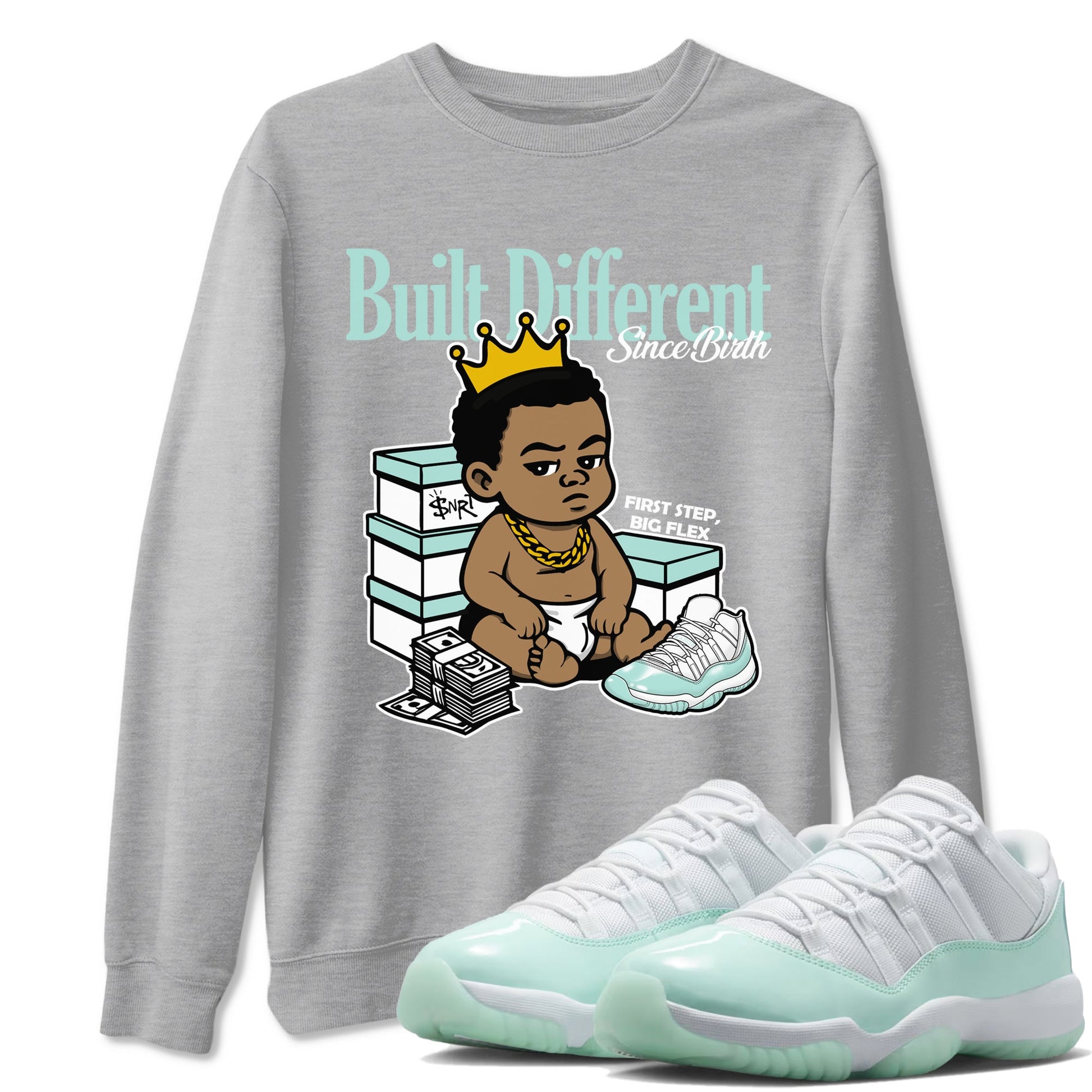 Built Different Since Birth sneaker match t-shirt styled to complete your fit with the Air Jordan 11 Igloo sneakers, shown in Heather Grey 1.
