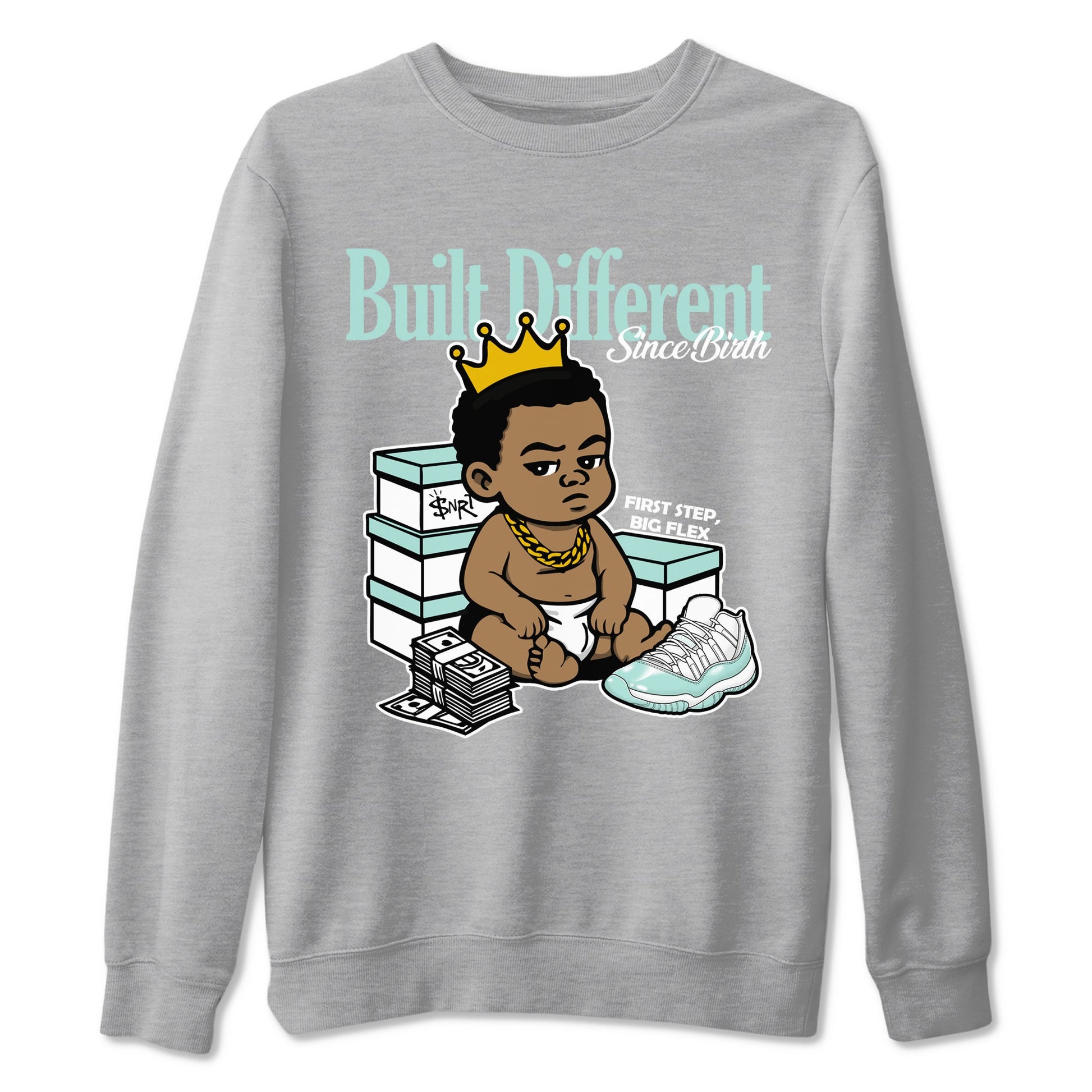 Built Different Since Birth sneaker match t-shirt styled to complete your fit with the Air Jordan 11 Igloo sneakers, shown in Heather Grey 2.