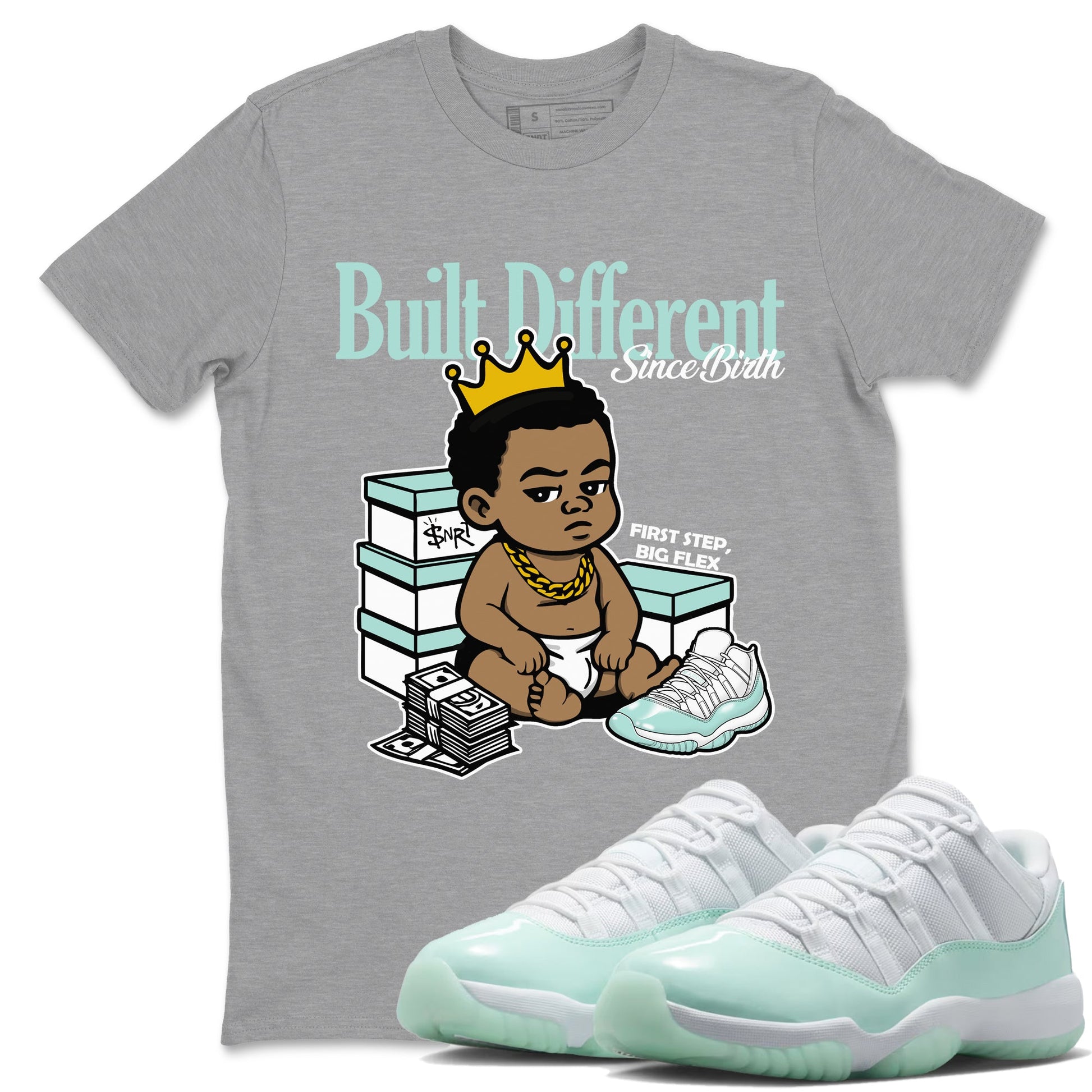 Built Different Since Birth sneaker match t-shirt styled to complete your fit with the Air Jordan 11 Igloo sneakers, shown in Heather Grey 1.