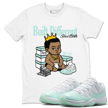 Built Different Since Birth sneaker match t-shirt styled to complete your fit with the Air Jordan 11 Igloo sneakers, shown in White 1.