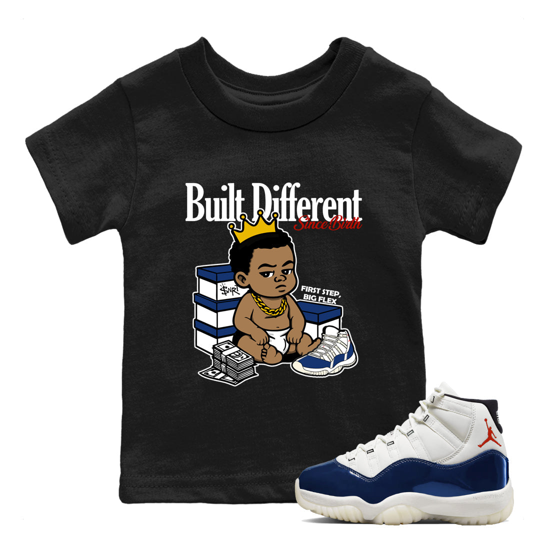 Sneaker match tees – Sneaker Threads To Match Air Jordan 11 Rare Air Shoes – Built Different Since Birth Kids T-Shirt Black 1