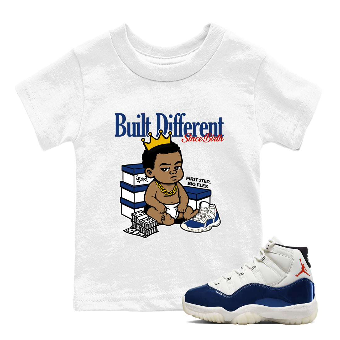 Sneaker match tees – Sneaker Threads To Match Air Jordan 11 Rare Air Shoes – Built Different Since Birth Kids T-Shirt White 1