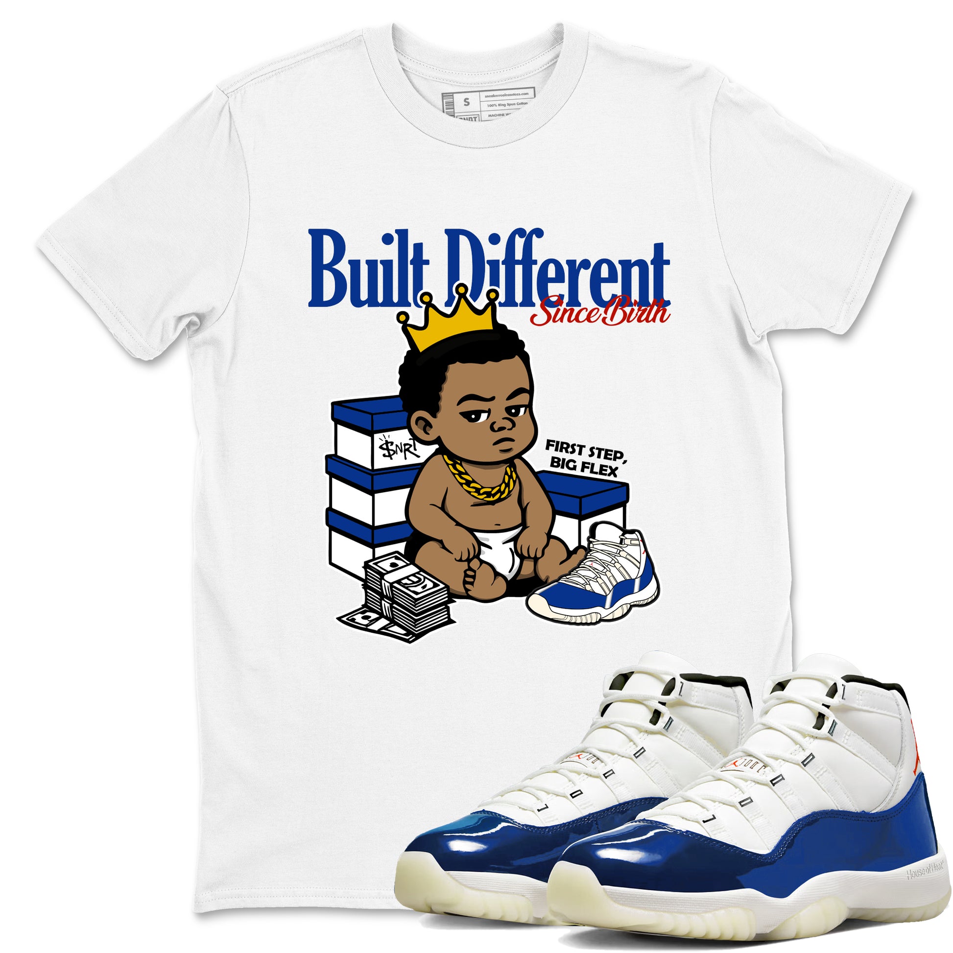 White t-shirt with cartoon character and 'Built Different' text, paired with blue and white sneakers.