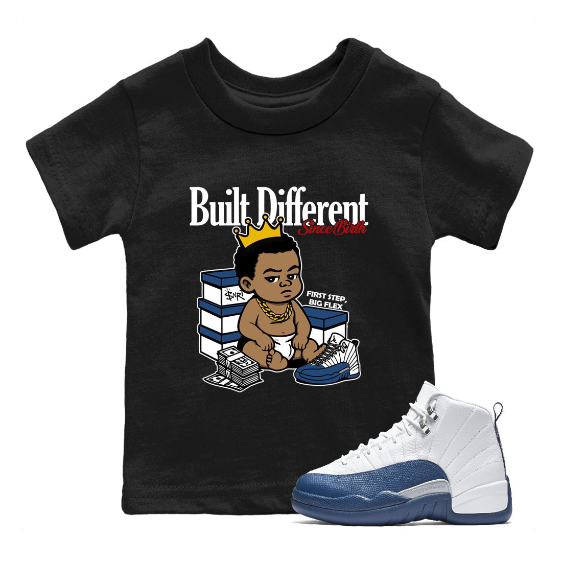 Sneaker match tees – Sneaker Tees To Match Air Jordan 12 French Blue Shoes – Built Different Since Birth Kids T-Shirt Black 1