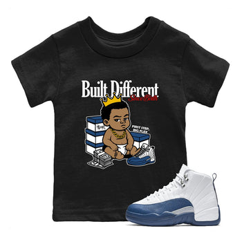 Sneaker match tees – Sneaker Tees To Match Air Jordan 12 French Blue Shoes – Built Different Since Birth Kids T-Shirt Black 1