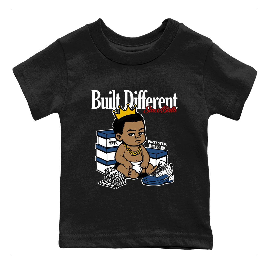 Sneaker match tees – Sneaker Tees To Match Air Jordan 12 French Blue Shoes – Built Different Since Birth Kids T-Shirt Black 2