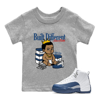 Sneaker match tees – Sneaker Tees To Match Air Jordan 12 French Blue Shoes – Built Different Since Birth Kids T-Shirt Heather Grey 1
