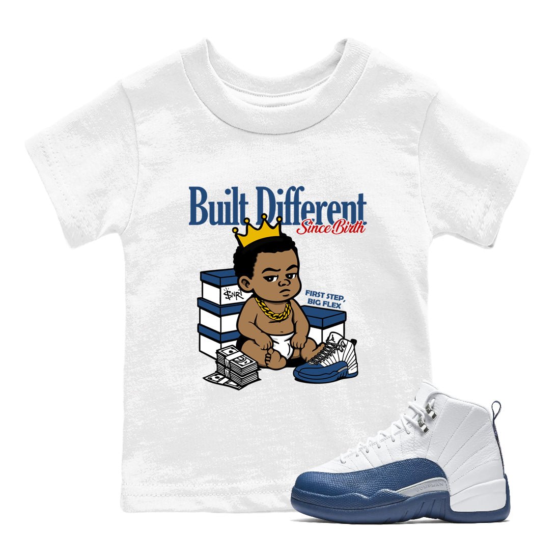 Sneaker match tees – Sneaker Tees To Match Air Jordan 12 French Blue Shoes – Built Different Since Birth Kids T-Shirt White 1