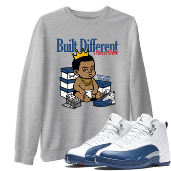 Sneaker match tees – Sneaker Tees To Match Air Jordan 12 French Blue Shoes – Built Different Since Birth Tee Heather Grey 1