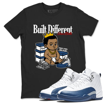 Sneaker match tees – Sneaker Tees To Match Air Jordan 12 French Blue Shoes – Built Different Since Birth Tee Black 1