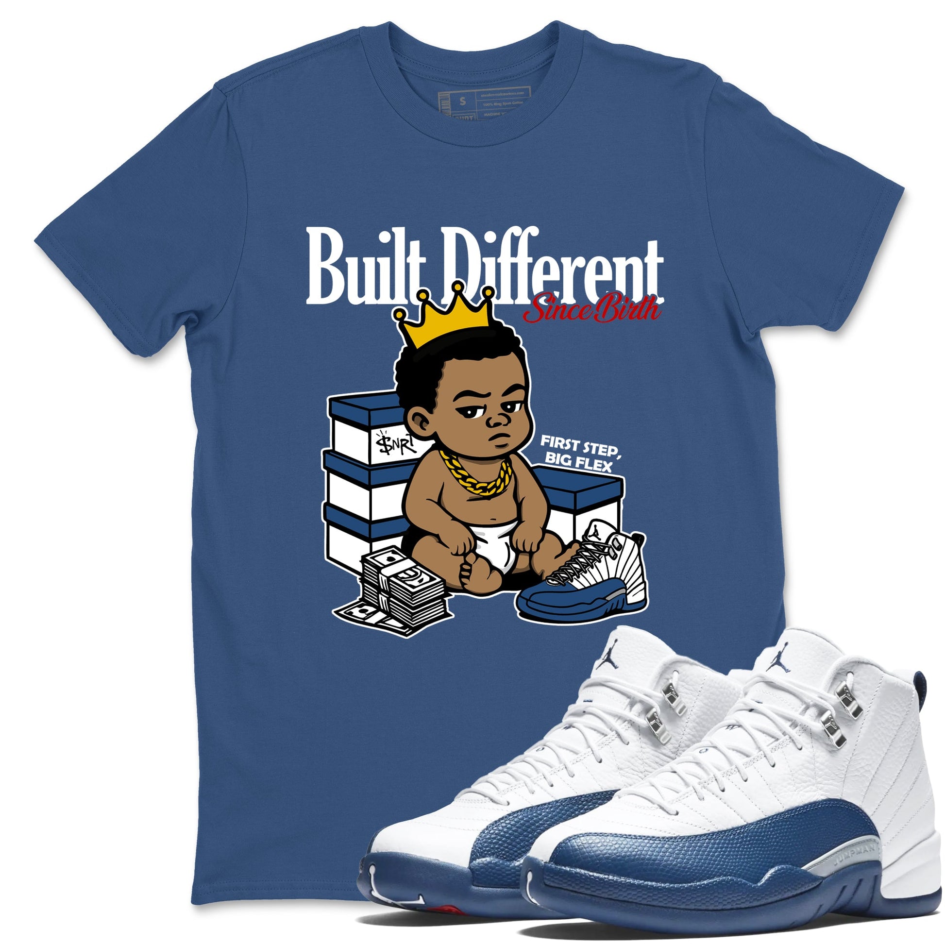 Sneaker match tees – Sneaker Tees To Match Air Jordan 12 French Blue Shoes – Built Different Since Birth Tee Denim Blue 1