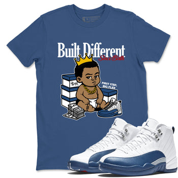 Sneaker match tees – Sneaker Tees To Match Air Jordan 12 French Blue Shoes – Built Different Since Birth Tee Denim Blue 1