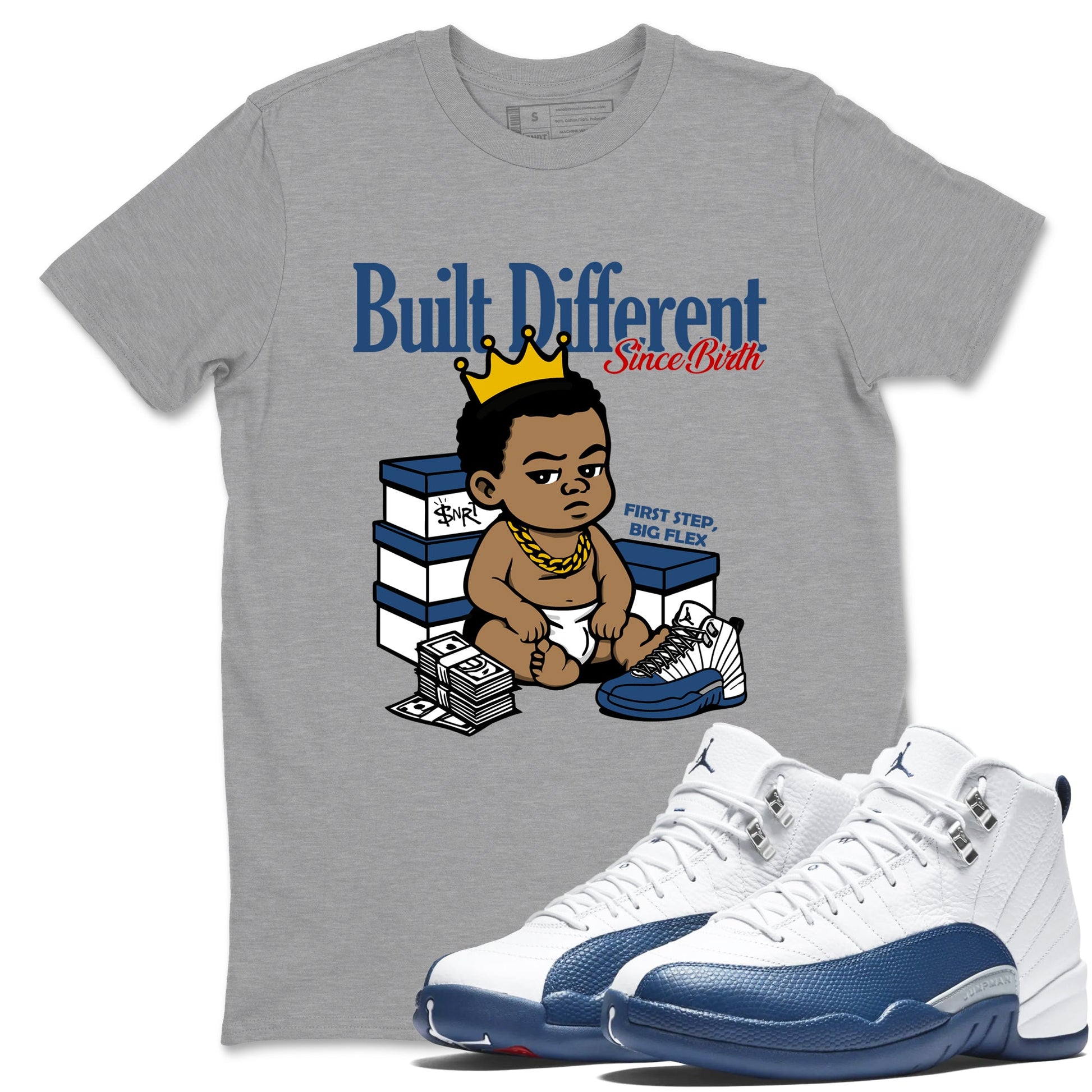 Sneaker match tees – Sneaker Tees To Match Air Jordan 12 French Blue Shoes – Built Different Since Birth Tee Heather Grey 1