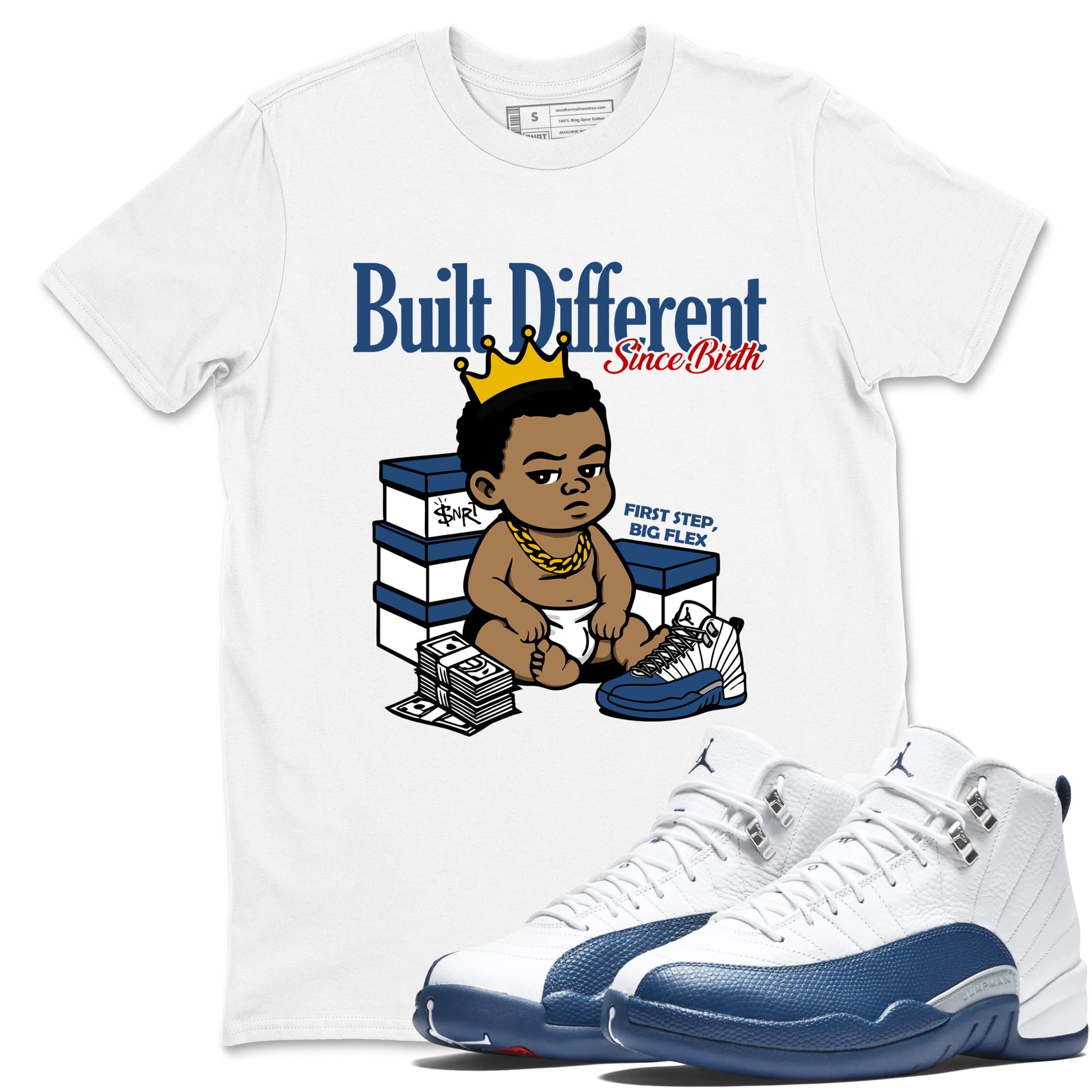 Sneaker match tees – Sneaker Tees To Match Air Jordan 12 French Blue Shoes – Built Different Since Birth Tee White 1