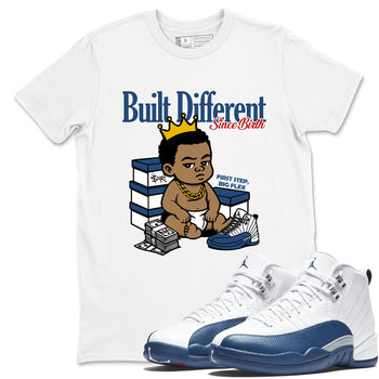 Sneaker match tees – Sneaker Tees To Match Air Jordan 12 French Blue Shoes – Built Different Since Birth Tee White 1