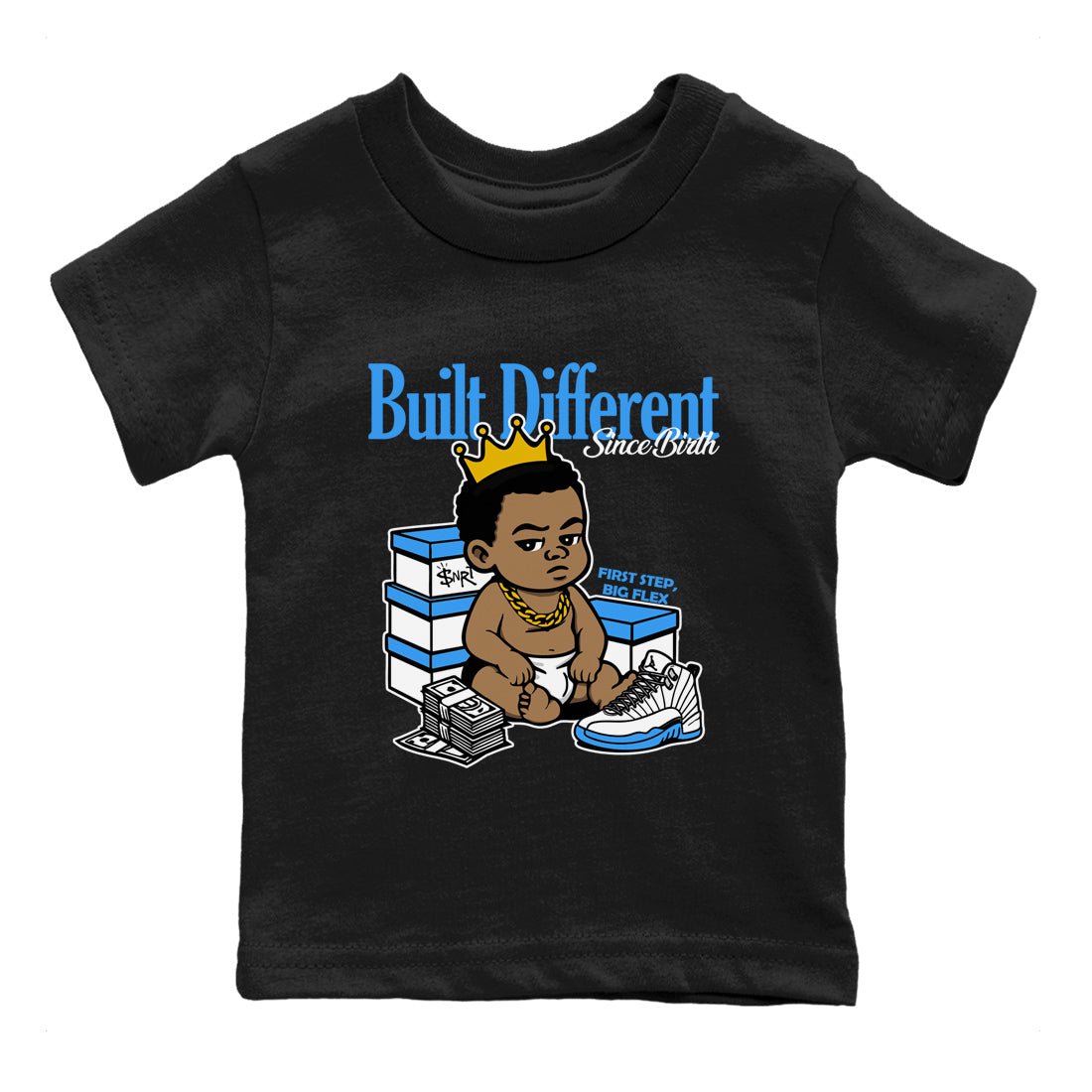 Built Different Since Birth baby and kids t-shirt crafted for little sneakerheads to shine with the Air Jordan 12 White and University Blue sneakers, displayed in Black 2.