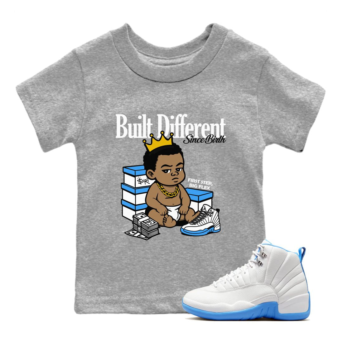 Built Different Since Birth baby and kids t-shirt crafted for little sneakerheads to shine with the Air Jordan 12 White and University Blue sneakers, displayed in Heather Grey 1.