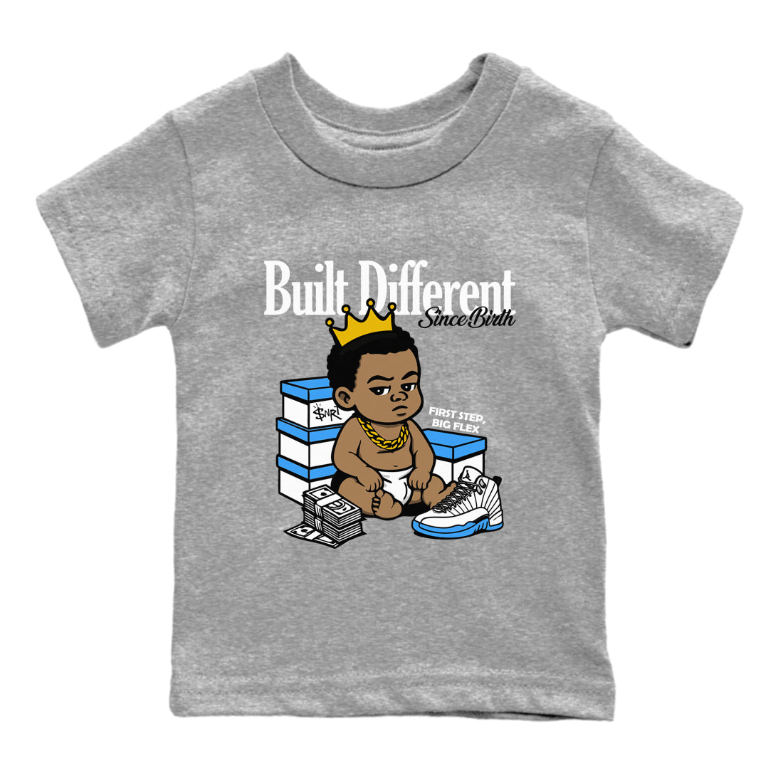 Built Different Since Birth baby and kids t-shirt crafted for little sneakerheads to shine with the Air Jordan 12 White and University Blue sneakers, displayed in Heather Grey 2.