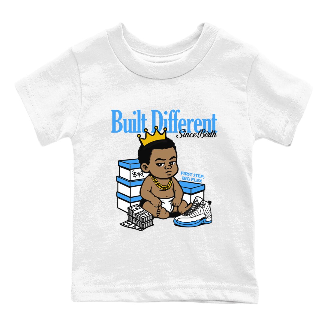 Built Different Since Birth baby and kids t-shirt crafted for little sneakerheads to shine with the Air Jordan 12 White and University Blue sneakers, displayed in White 2.
