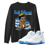 Built Different Since Birth sneaker match t-shirt styled to complete your fit with the Air Jordan 12 White and University Blue sneakers, shown in Black 1.
